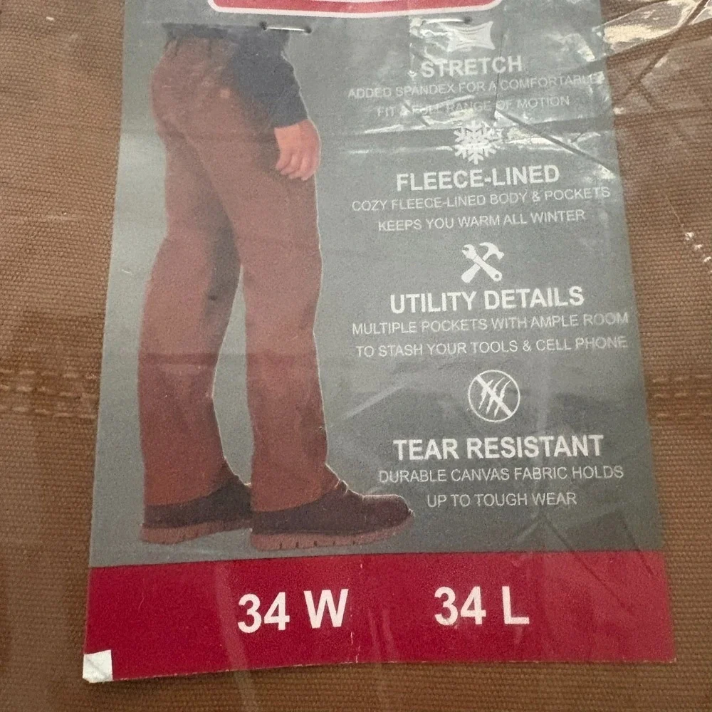 NWT Coleman Toffee Brown Tear Free Fleece‎ Lined Utility Pants Size 34 x 34 $90